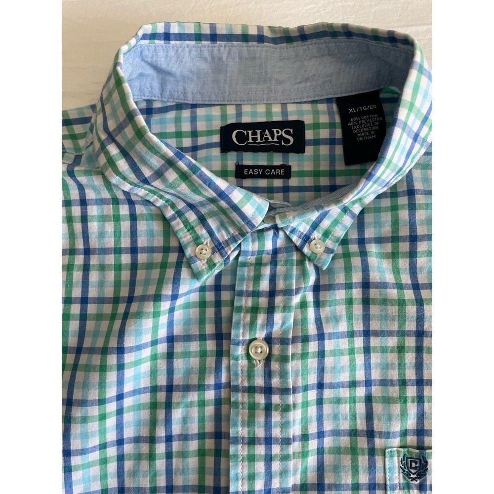 Chaps Men XL Plaid Button Down Shirt Blue Green Short Sleeve Easy Care Picnic